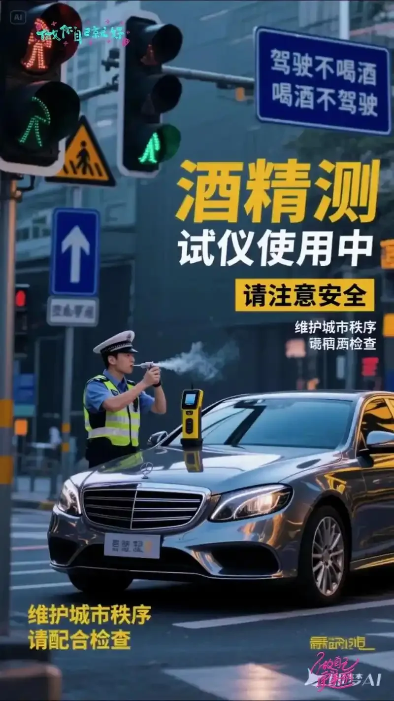 交警手持的专业酒精检测仪特写，屏幕显示检测数值，背景为道路环境，用于酒驾检测。_1