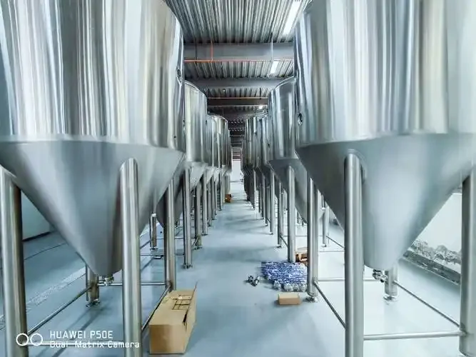 专业小型精酿啤酒设备工作区，展示不锈钢糖化煮沸系统和发酵罐_1