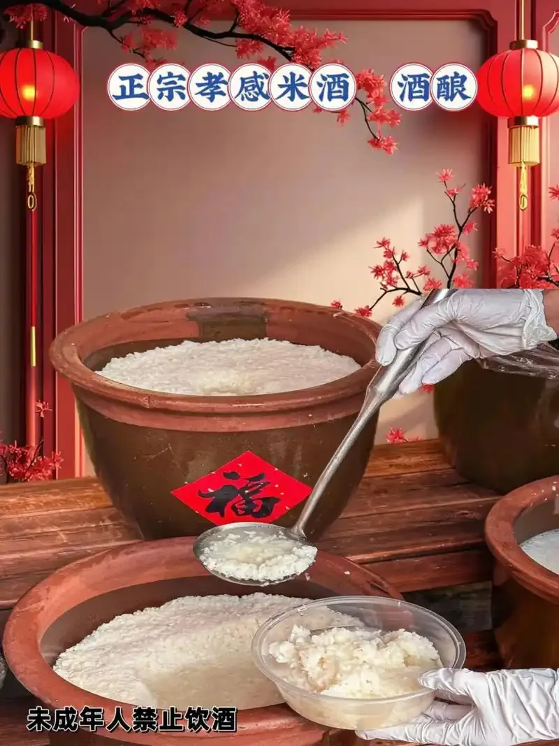 一碗刚酿好的孝感米酒特写，米粒晶莹，酒汁清澈，旁边摆放着酿造原料糯米和酒曲。_1