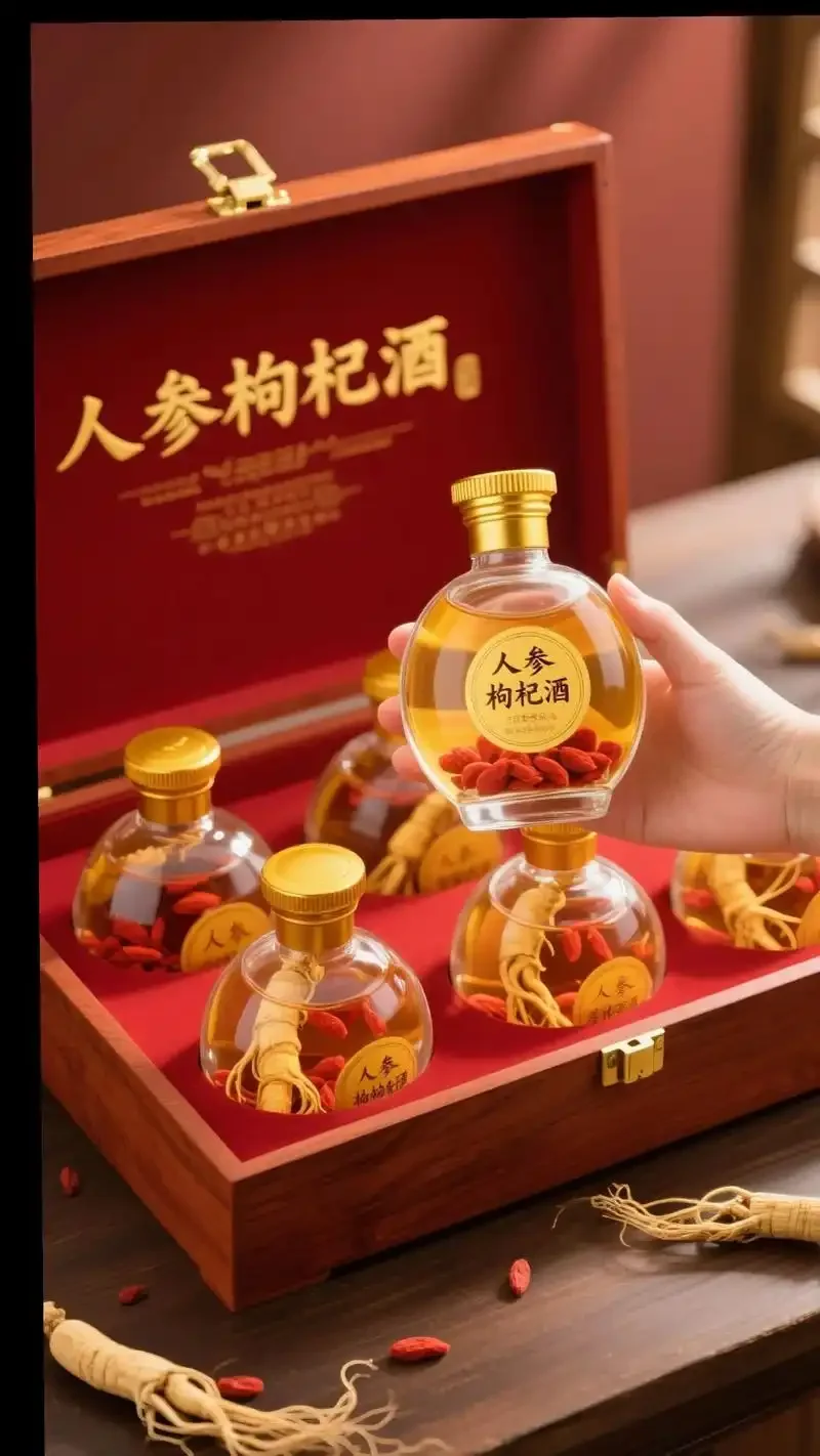 四种用于泡酒的人参对比图：鲜人参、生晒参、红参和林下参，旁边放着一瓶已浸泡人参的琥珀色白酒_1