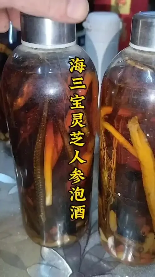 灵芝、人参、枸杞在玻璃瓶中泡酒的详细特写图，展示专业酿酒师的配方搭配。_1