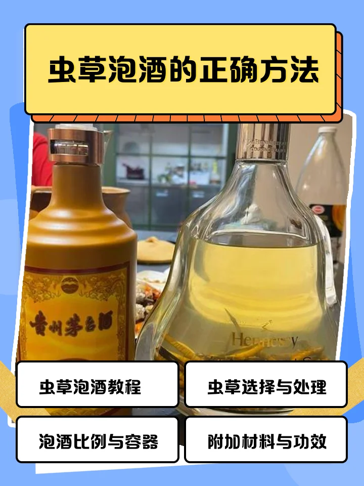 冬虫夏草泡酒成品展示：透明玻璃瓶内金黄色酒液浸泡着完整的虫草，旁边散落着原料和工具_1