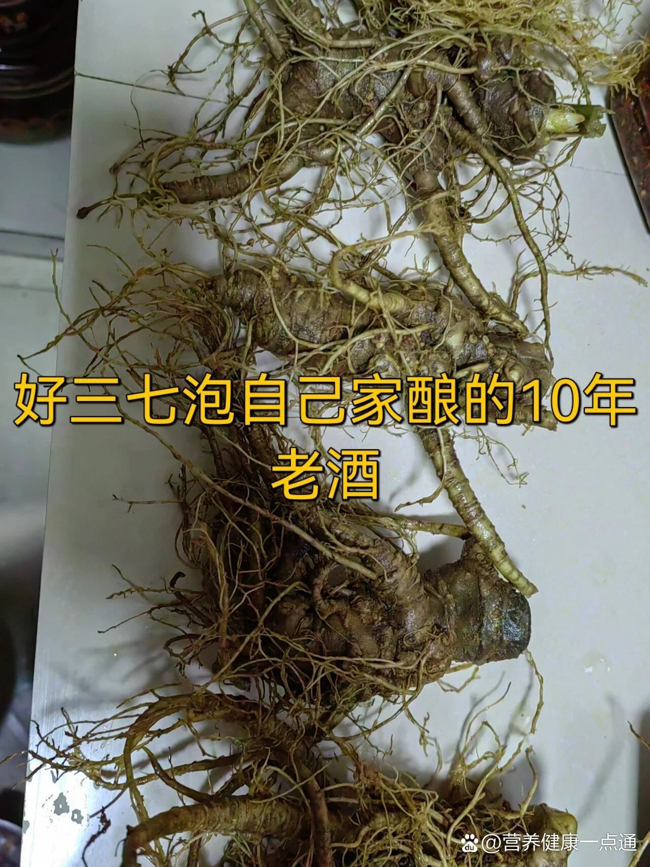 透明玻璃罐中浸泡的琥珀色三七酒特写，旁边摆放着三七原料，展示家庭泡制三七酒的场景。_1