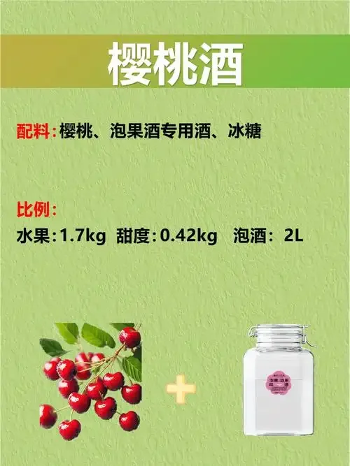 在厨房桌上，一瓶正在泡制中的樱桃酒，鲜红樱桃与透明酒液相映成趣，旁边有新鲜樱桃和配料。_1