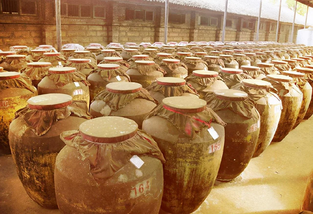 传统地窖中存放的棕色陶制酒坛，环境阴凉避光，氛围宁静，体现了白酒储存的理想环境。_1