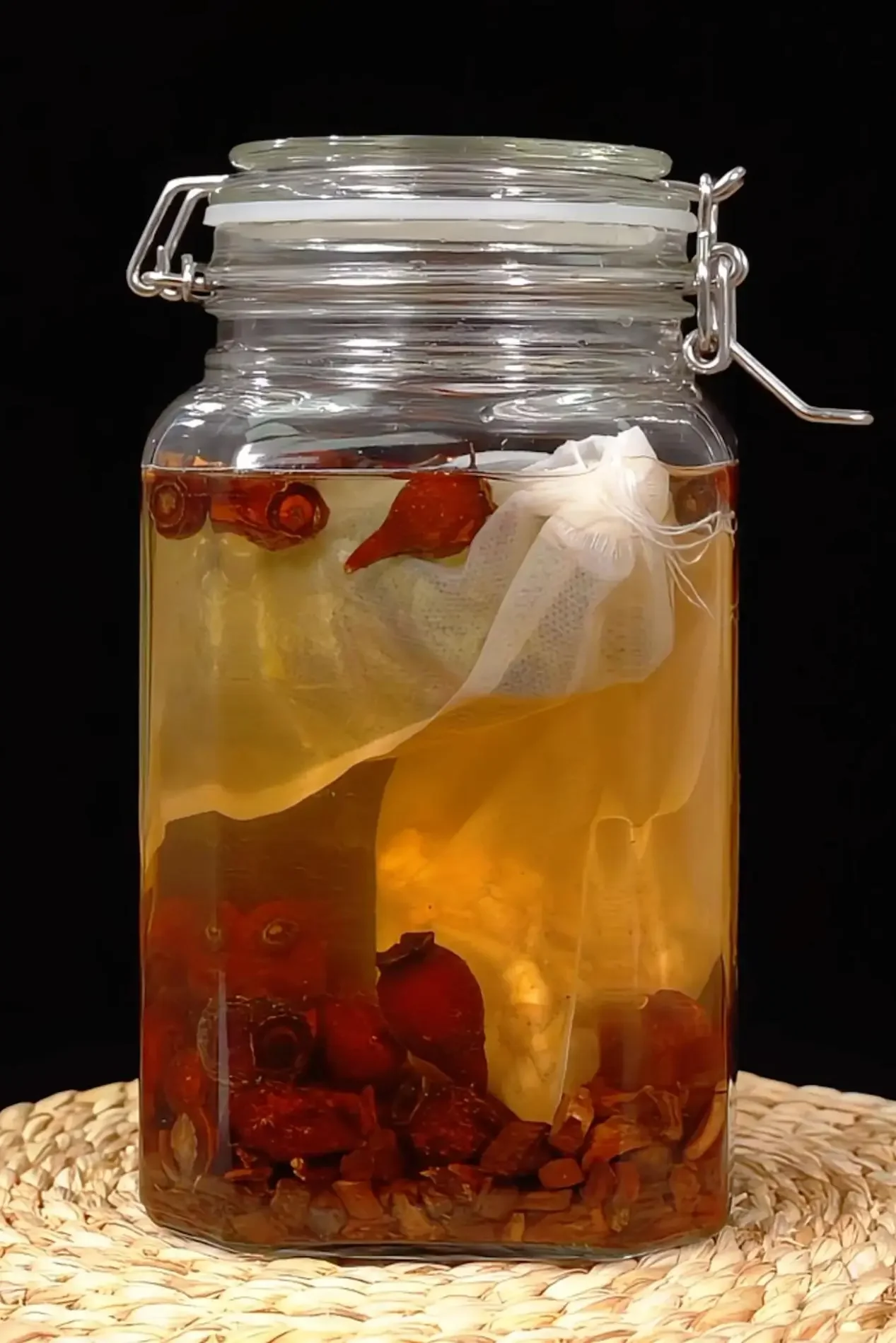 传统手工制作的蝎子药酒，蝎子与中药材在琥珀色酒液中清晰可见。_1