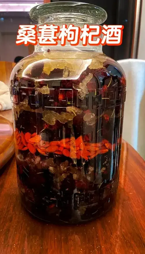 透明玻璃罐中正在浸泡的桑葚干酒，色泽深紫红透亮，展现家庭酿造过程。_1