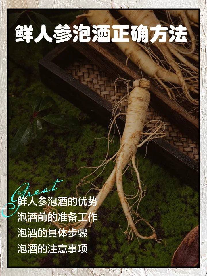 一个装有鲜人参、枸杞和琥珀色酒液的玻璃泡酒罐特写，展示家庭泡制人参酒的经典场景。_1