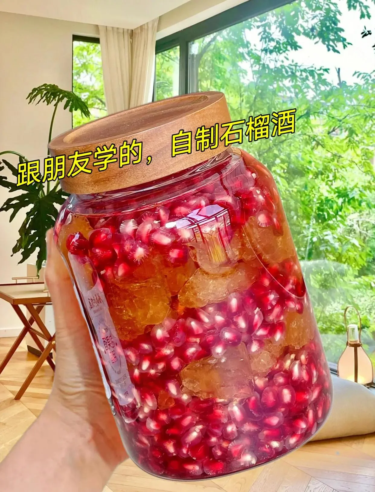 自酿石榴酒发酵过程对比图：左侧发酵中，右侧已澄清，展示酿造时间带来的变化_1