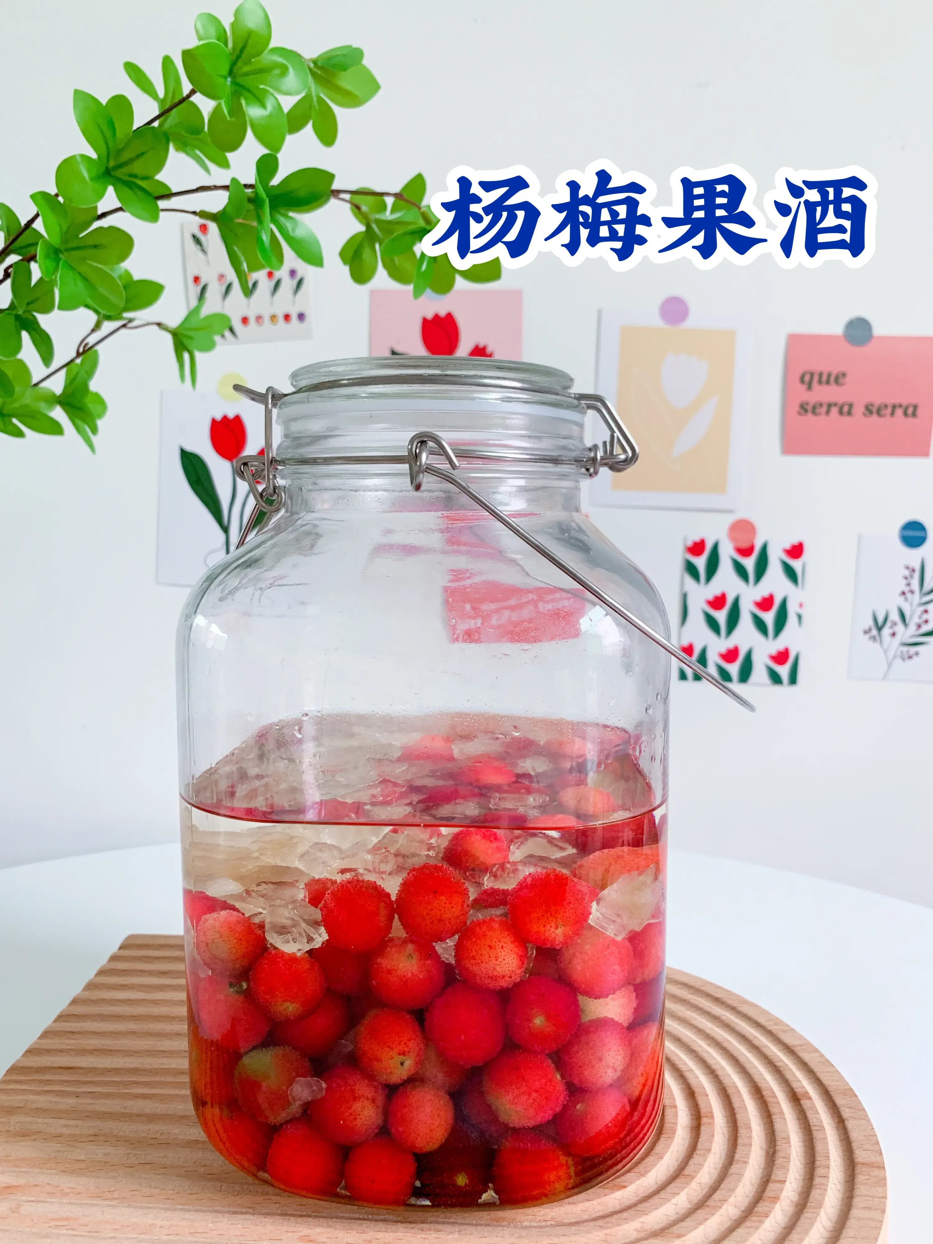 家庭自酿蜂蜜杨梅泡酒成品展示：透明玻璃罐中琥珀色酒液与红润杨梅_1