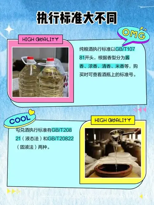 勾兑酒与纯粮酒酿造场景对比图：现代工业设备与透明酒液 vs 传统陶坛、粮食与微黄酒液_1