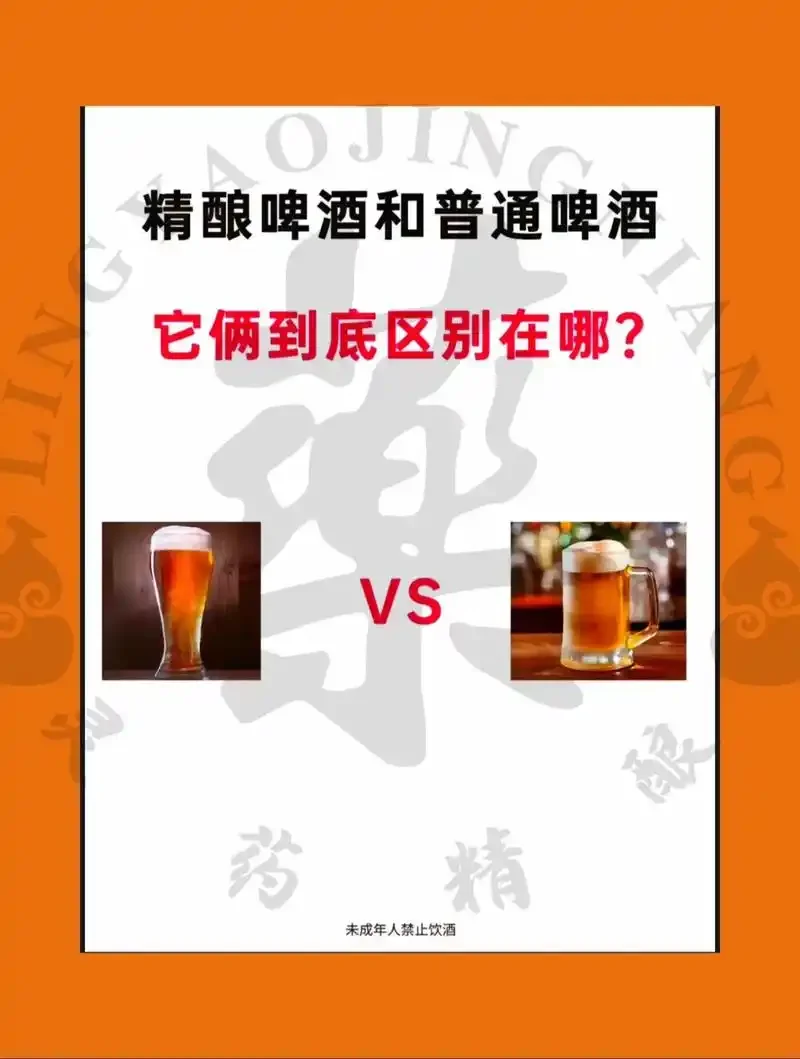 工业拉格啤酒与精酿艾尔啤酒的原料及成品对比图，展示了两种啤酒在颜色、泡沫和原料上的显著差异。_1