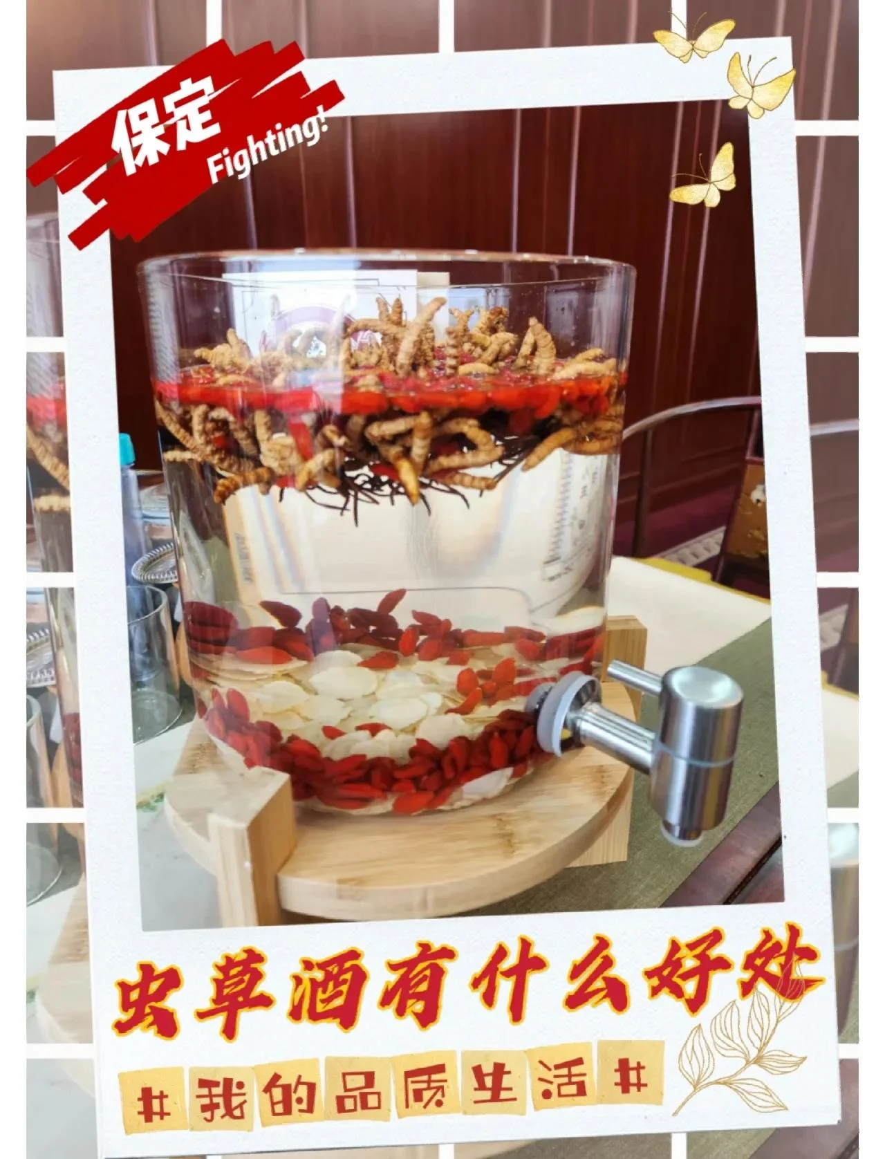 冬虫夏草和人参浸泡在透明玻璃罐的琥珀色酒液中，旁边摆放着未处理的原料，展示家庭泡酒的场景_1