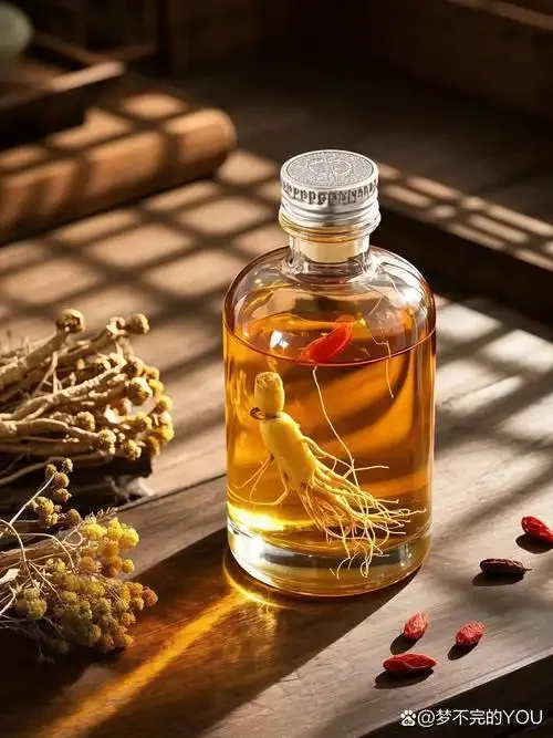 冬虫夏草泡酒实拍图：金黄色的虫草在琥珀色酒液中清晰可见，旁边配有枸杞红枣等辅料_1