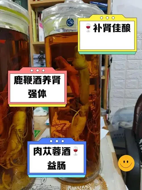 传统补肾泡酒配方展示：玻璃酒坛中浸泡着人参、枸杞等药材_1