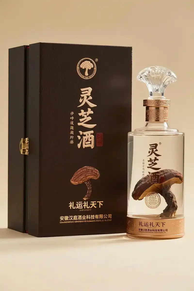 人参灵芝酒酿造过程展示：透明玻璃罐中浸泡的人参、灵芝与琥珀色酒体_1