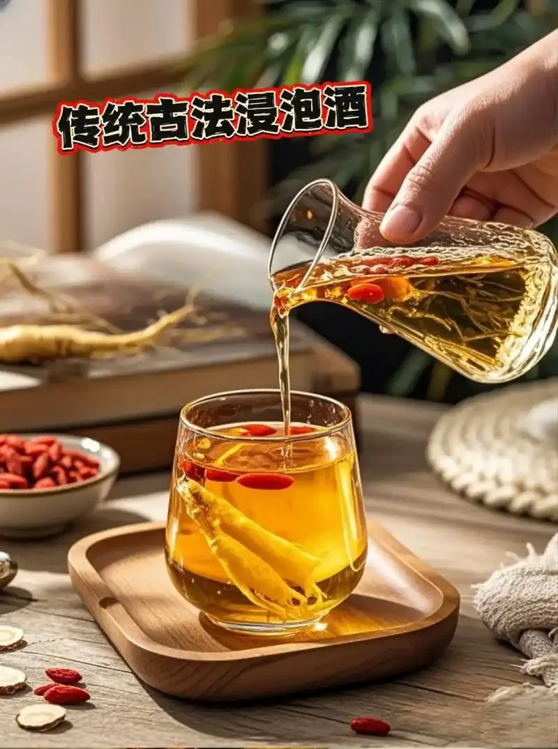 人参枸杞藏红花泡酒成品展示，玻璃罐中酒液澄澈，药材清晰可见。_1