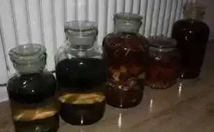 钓鱼六君子药酒制作原料与工具展示：透明玻璃罐、中药材、小秤和牛皮纸标签_1