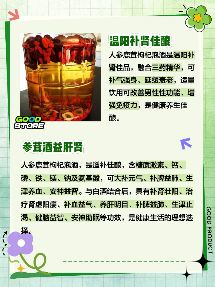 一瓶浸泡着鹿茸片、红枸杞和人参的琥珀色养生药酒，旁边散落着原材料，整体呈现传统中式美学。_1