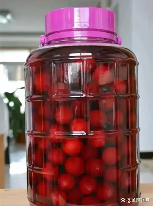 家庭自酿杨梅酒特写：透明玻璃罐中泡着深红色的杨梅酒，杨梅饱满，酒液清澈，旁边点缀着新鲜杨梅和冰糖。_1