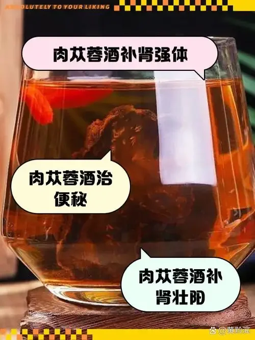 风湿关节炎泡酒配方药材与酒罐展示图：透明玻璃罐中浸泡着多种中药材，旁边散落着桑寄生、红花等干药材。_1