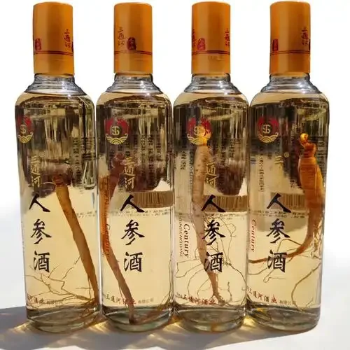 人参、枸杞和冰糖在透明玻璃罐中被高度白酒浸泡的养生酒特写_1