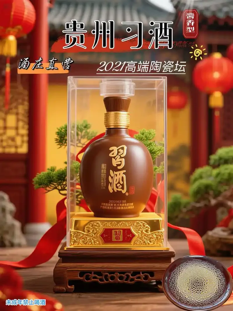 一瓶习酿酱酒静置于深色木桌上，旁边散落着酿酒原料高粱和品酒杯，展现传统酱香白酒的质感。_1