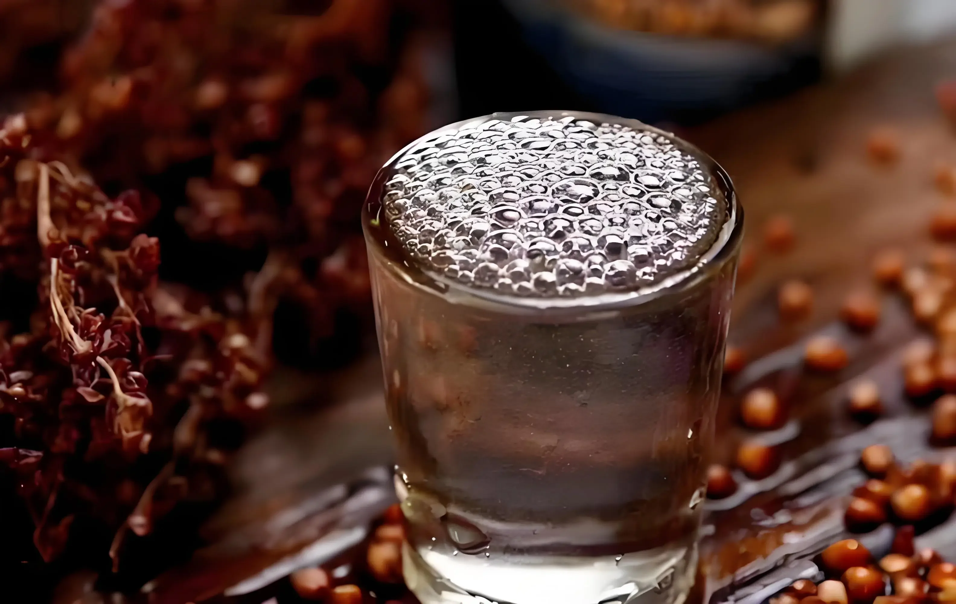 一瓶用传统陶瓷瓶密封保存的陈年纯粮食酒，置于古朴的木架上，光线柔和，展现出老酒收藏的岁月感。_1