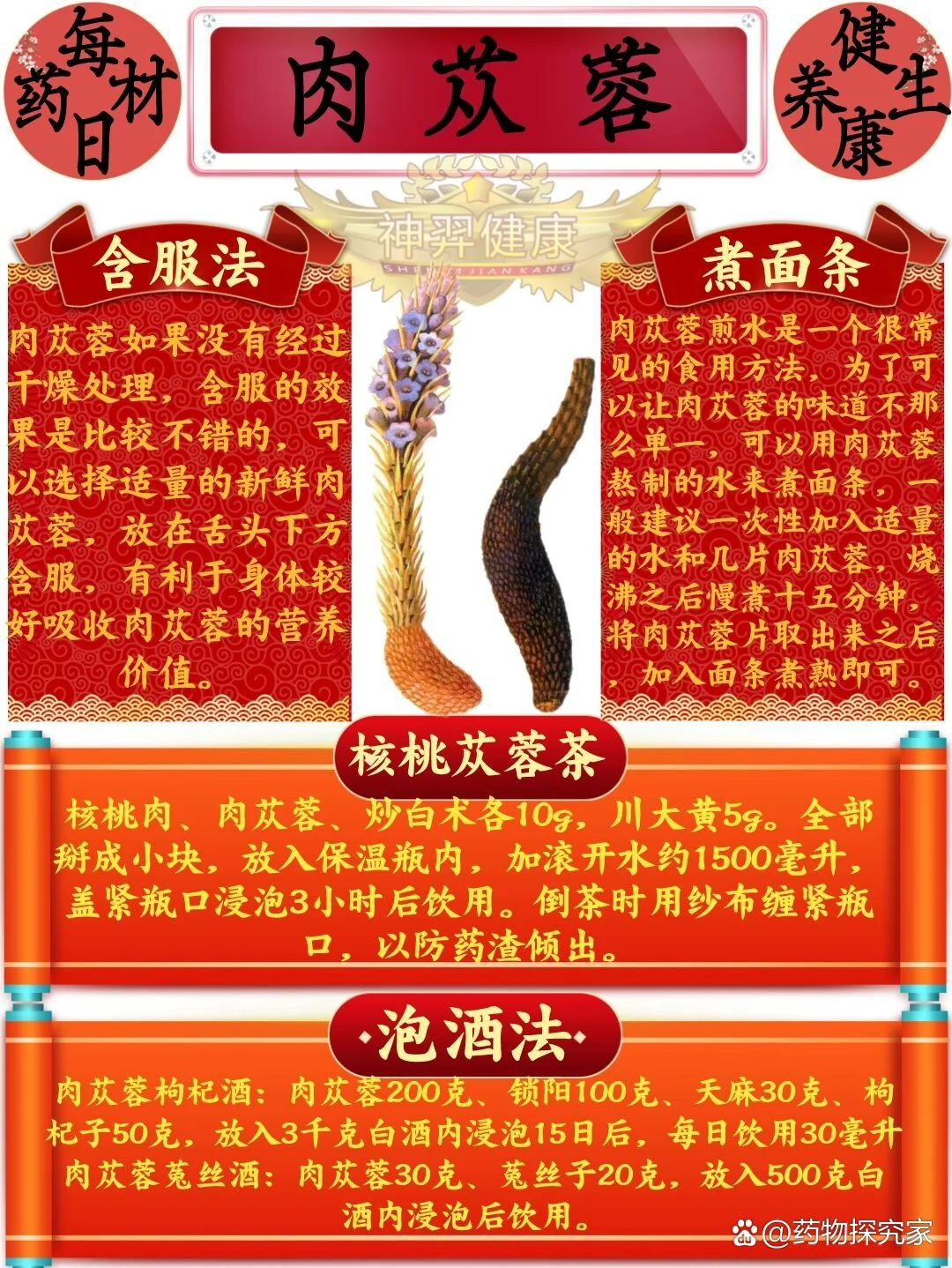 一个装有琥珀色肉苁蓉酒的透明酒坛，旁边是用于泡酒的原料：肉苁蓉切片和枸杞。_1