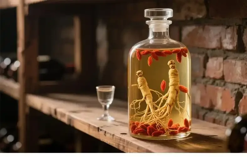 家庭自制人参枸杞泡酒实物图：透明玻璃罐中人参和枸杞清晰可见，酒液澄净。_1