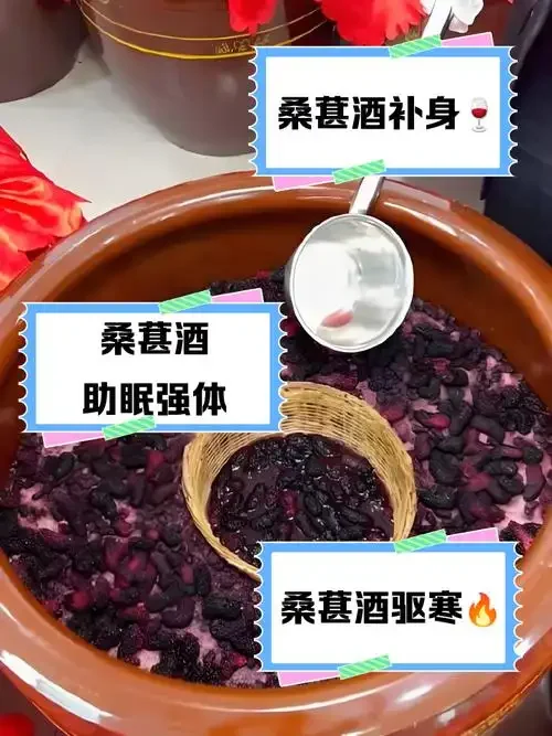 一杯晶莹剔透的深紫红色桑葚酒，旁边是新鲜桑葚，展示其天然色泽与健康质感_1