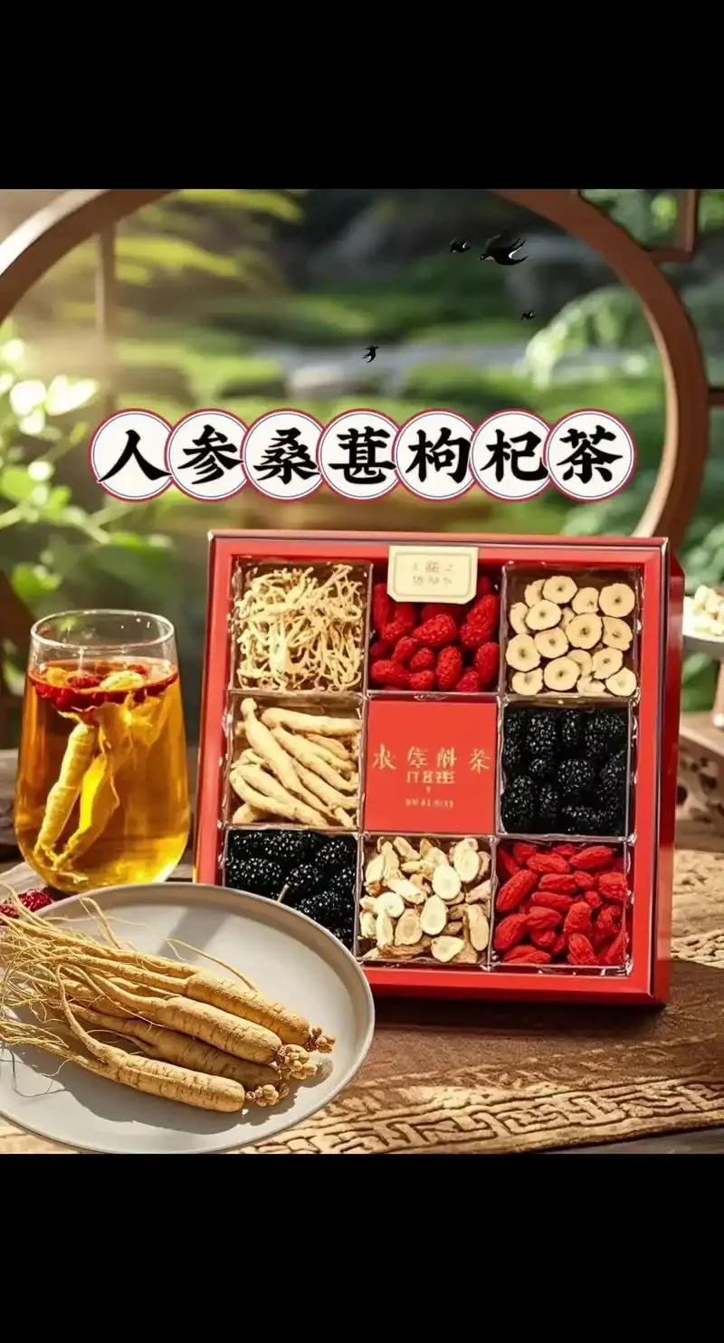 人参和桑葚泡在透明玻璃罐中的效果展示，酒液呈琥珀色，食材清晰可见。_1