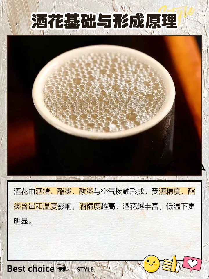 透明玻璃杯中盛有白酒，酒液表面布满均匀细密的白色酒花，展示高品质白酒的典型特征。_1