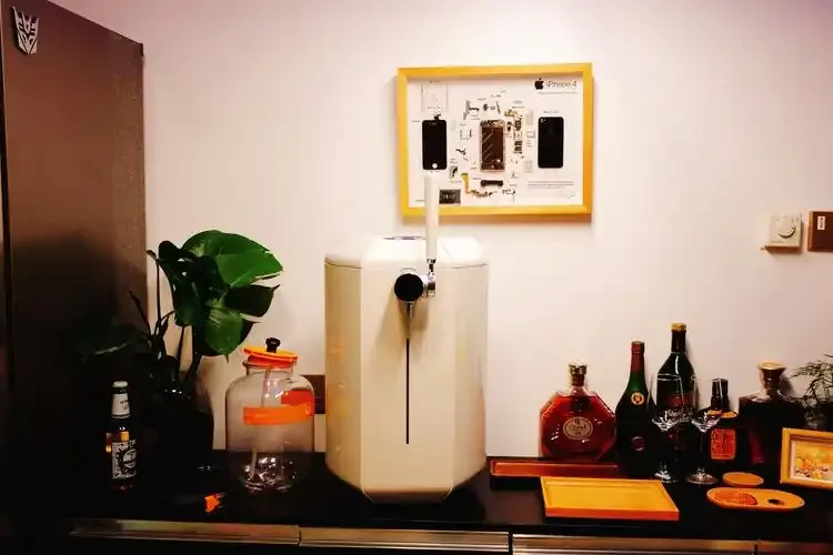 一套完整的家用自酿啤酒设备在温馨的厨房中，旁边放着几瓶自酿的精酿啤酒。_1