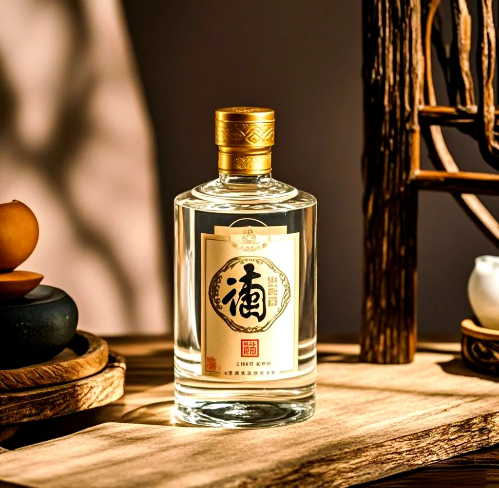 一杯典型的酱香型白酒特写，展现其琥珀色泽与厚重挂杯，背景为传统酿造环境。_1