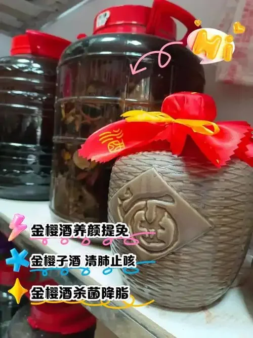 金樱子根泡在金黄色白酒中的玻璃罐特写，旁边配有红枣枸杞等辅料，展现家庭酿酒的专业与温馨。_1