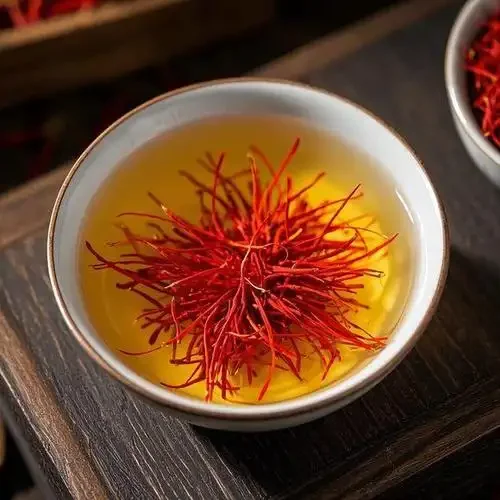 藏红花与枸杞、人参、当归等中药材在透明酒罐中浸泡的特写照片_1