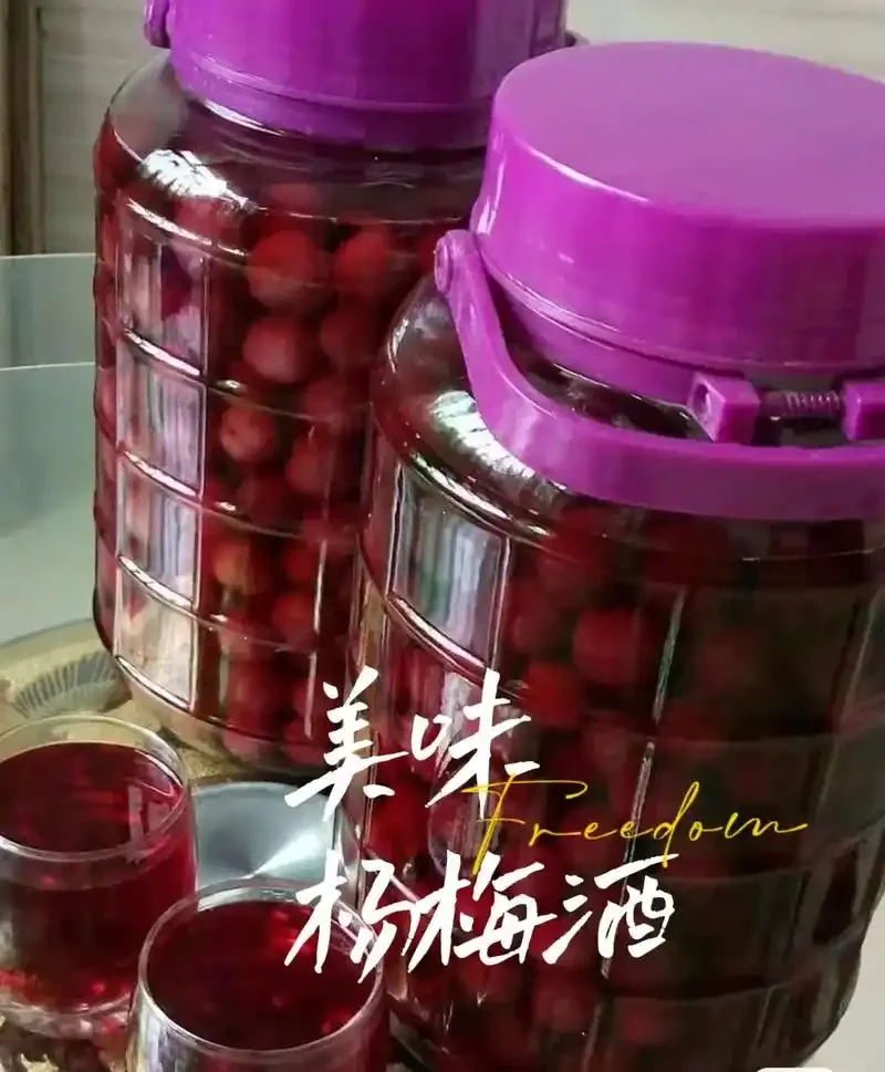 手工自制的杨梅枸杞酒特写，玻璃罐中酒液呈诱人的深红色，果肉清晰可见。_1