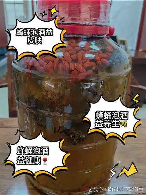传统蛾泡酒浸泡过程特写：透明玻璃罐中，金黄色的酒液浸泡着完整的蚕蛾、红枣和枸杞。_1