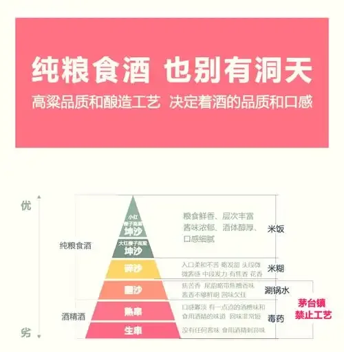 一杯清澈的纯粮白酒，周围散落着酿造所需的高粱、小麦等粮食原料，体现纯粮酿造的本质。_1