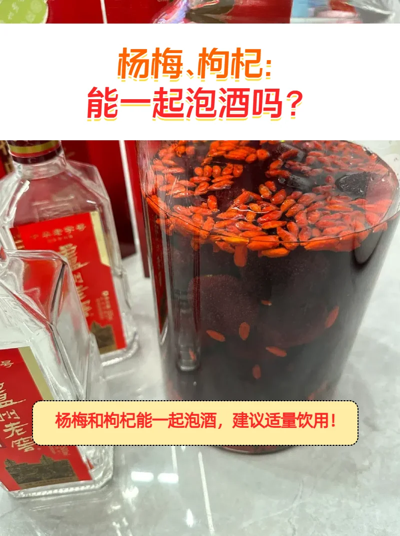 手工浸泡的枸杞杨梅酒特写，透明玻璃罐中充满红色杨梅和枸杞，酒液色泽通透，摆放在木质台面上，旁边散落新鲜食材，展现家庭酿造的温馨与专业。_1