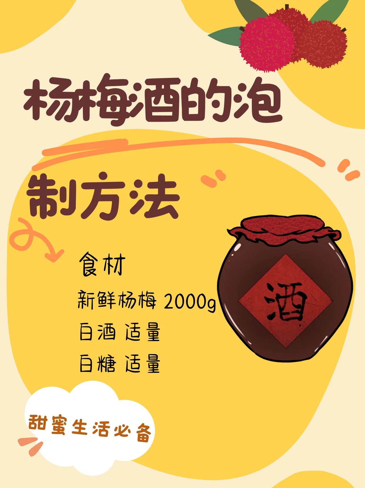 杨梅酒酿造过程展示：玻璃罐中杨梅、糖与酒的分层，手正在放入新鲜杨梅。_1