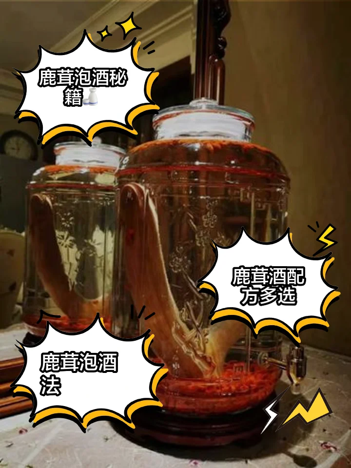 展示鹿茸灵芝泡酒的成品及原材料：装有琥珀色酒液的玻璃瓶，内可见灵芝和鹿茸切片。_1