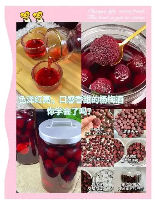 家庭自酿杨梅酒特写，玻璃罐中杨梅饱满，酒色诱人。_1